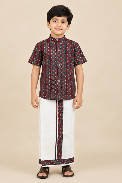 Red & Cream - Boys Welcro Dhotis & Shirts