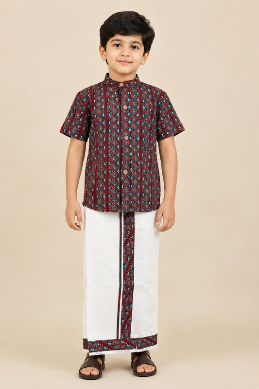 Red & Cream - Boys Welcro Dhotis & Shirts