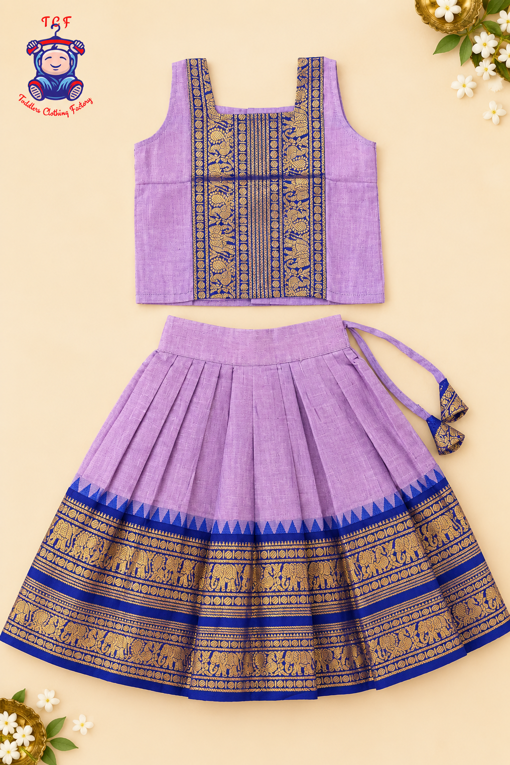 Lavender & Blue Border With Gold Zari - Girls Chettinad Pavadai Sattai