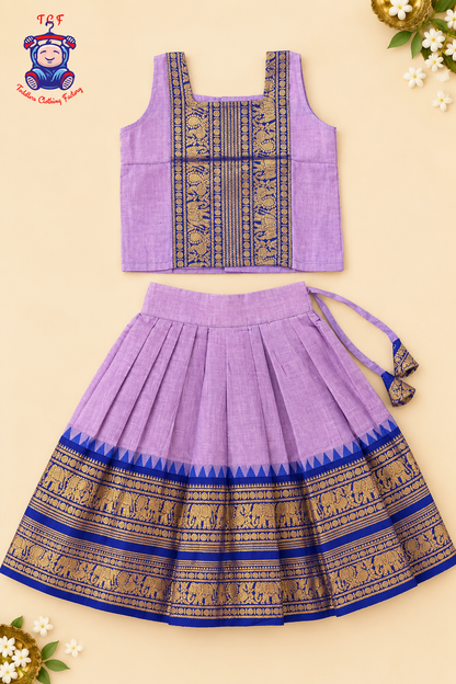 Lavender & Blue Border With Gold Zari - Girls Chettinad Pavadai Sattai