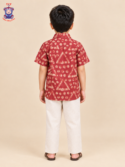 Maroon & Beige - Boys Readymade Bhatik Shirts