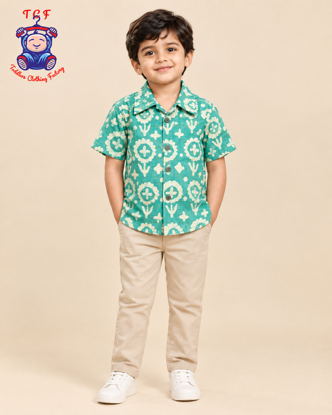 Green & Beige - Boys Readymade Bhatik Shirts