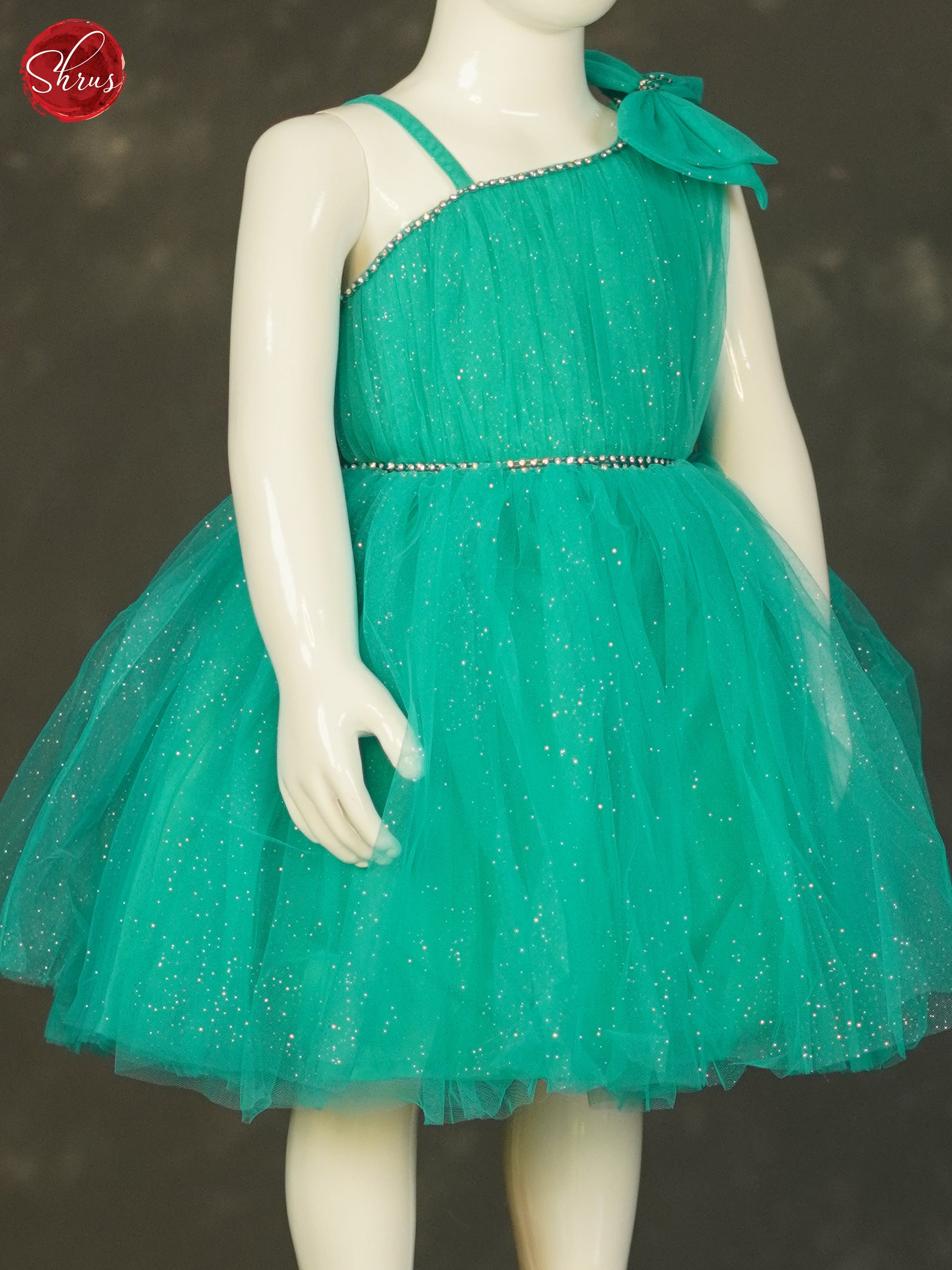 Teal Green - Party Wear Netted Kids Frock - Shop on ShrusEternity.com