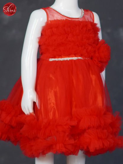 Red - Party Wear Netted Kids Frock - Shop on ShrusEternity.com