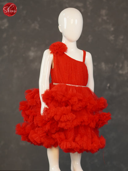 Red- Party Wear Netted Kids Frock - Shop on ShrusEternity.com