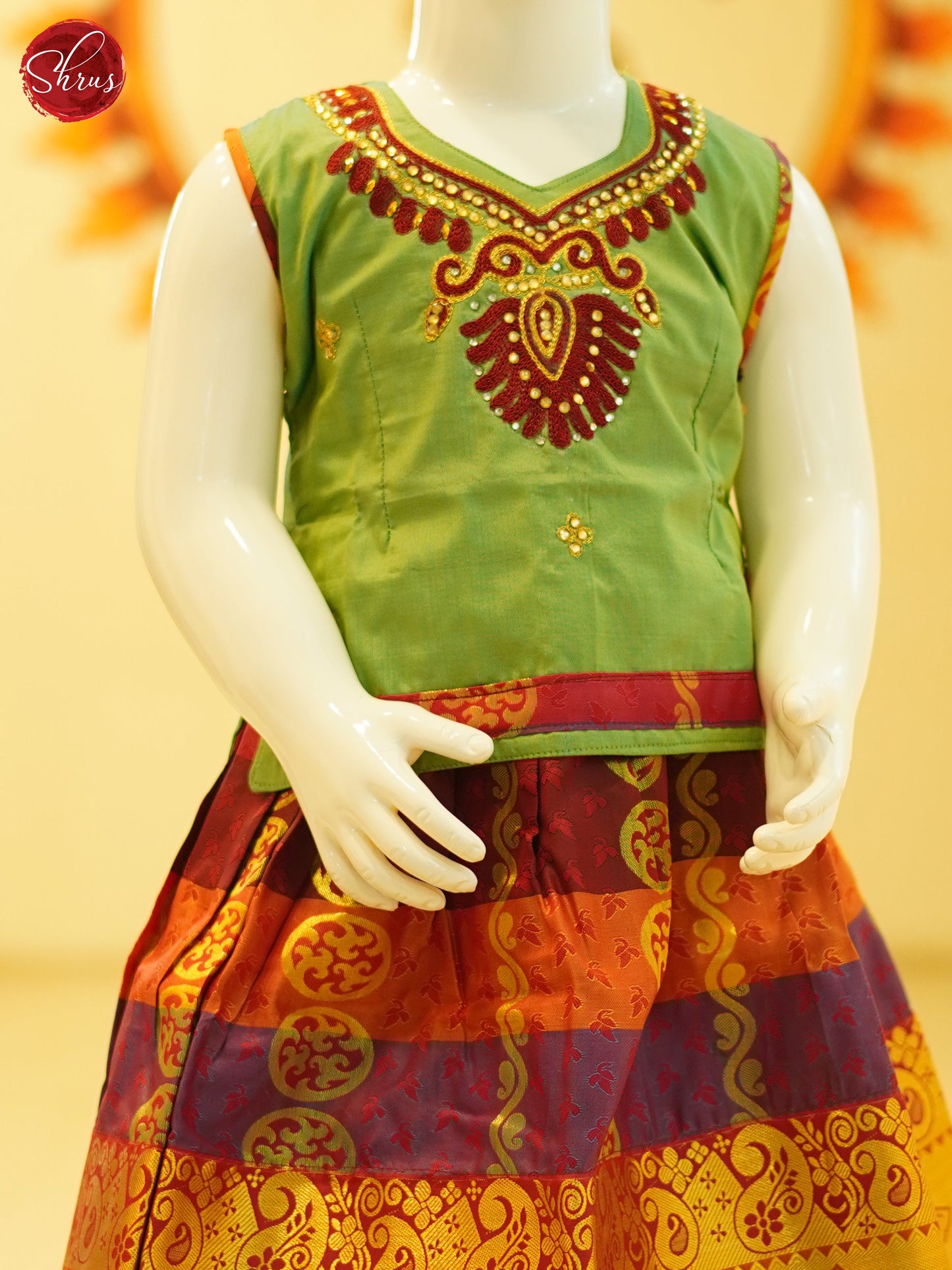 Green & Orange - Readymade Pattu Pavadai - Shop on ShrusEternity.com