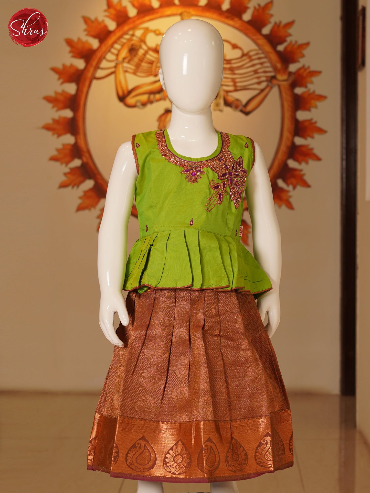 Green & Brown - Readymade Pattu Pavadai - Shop on ShrusEternity.com