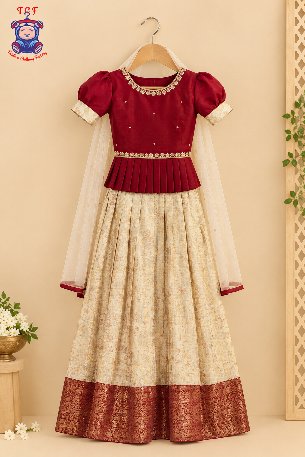 Maroon & Floral Printed Lehenga Choli with Netted Dupatta – Girls Lehenga