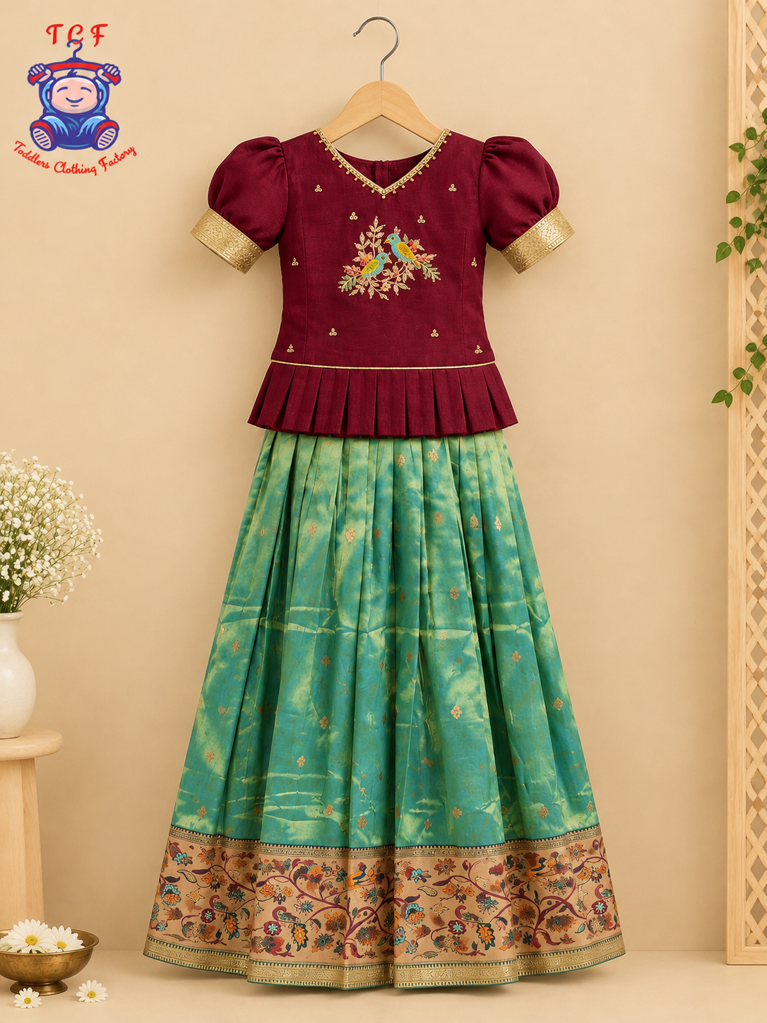 Maroon & Embrodiery Printed Lehenga Choli with Netted Dupatta – Girls Lehenga