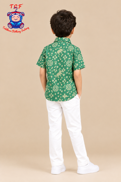 Green & Beige - Boys Readymade Bhatik Shirts