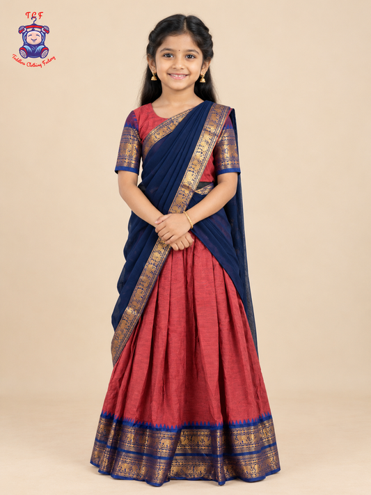 Chettinad Cotton Half Saree - Rust & Navy Blue with Gold Zari Border
