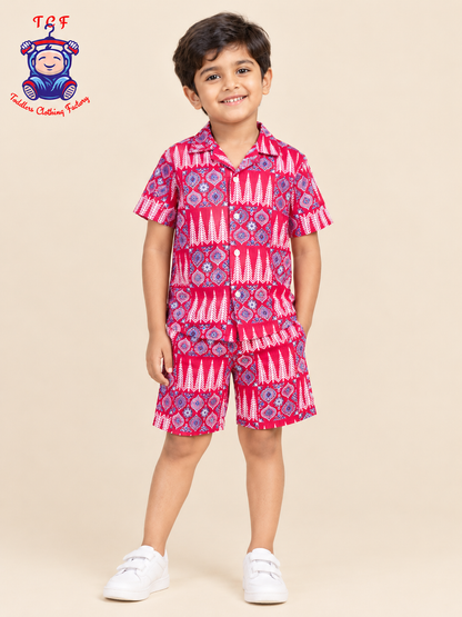 Maroon - Boys Ajrakh Printed Spread Collor Shirts & Shorts