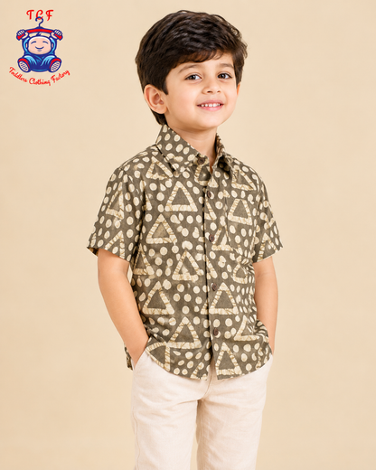 Pastel Green & Beige - Boys Readymade Bhatik Shirts