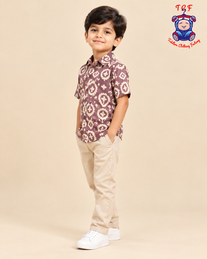Lavender & Beige - Boys Readymade Bhatik Shirts