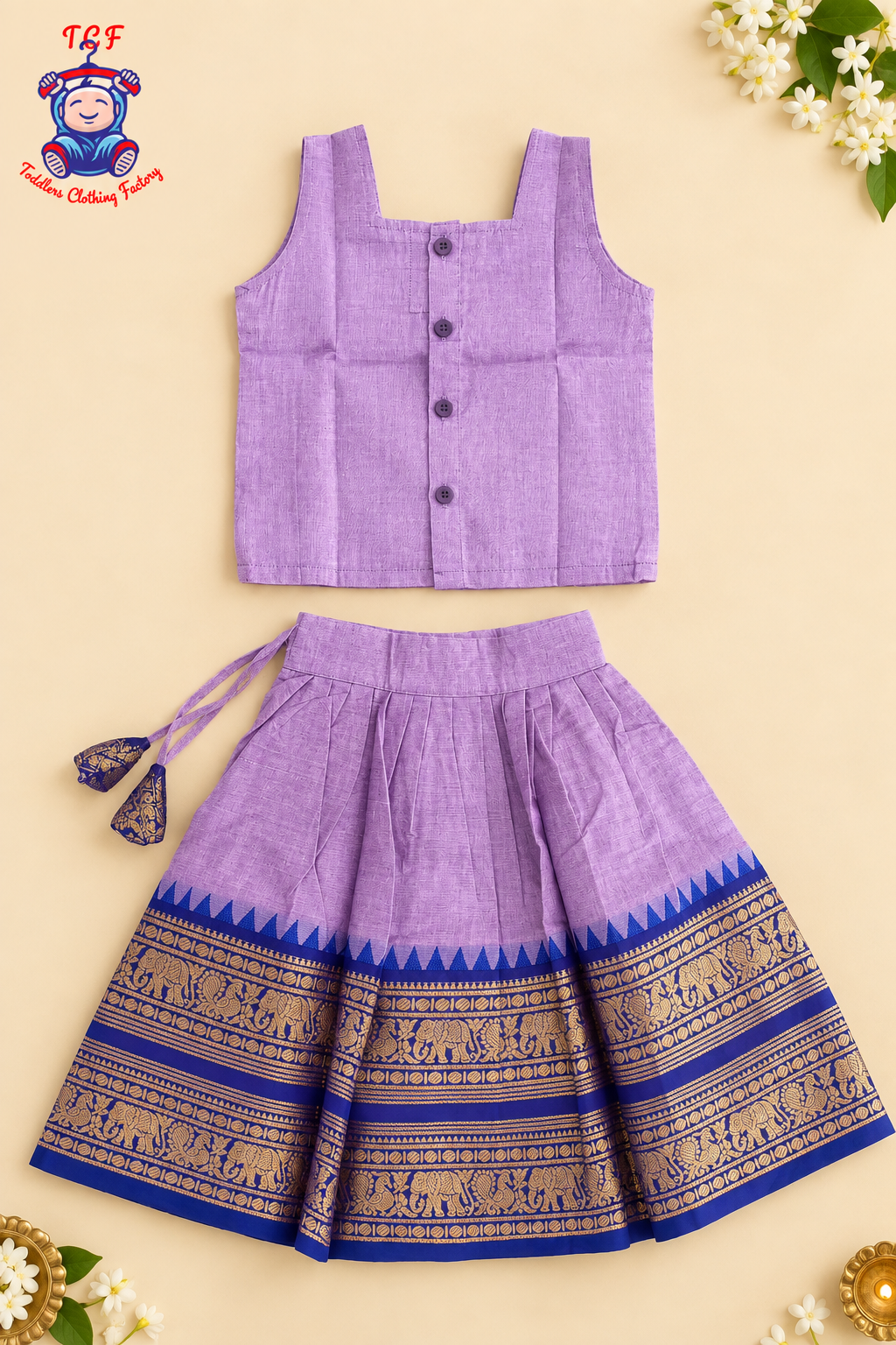 Lavender & Blue Border With Gold Zari - Girls Chettinad Pavadai Sattai