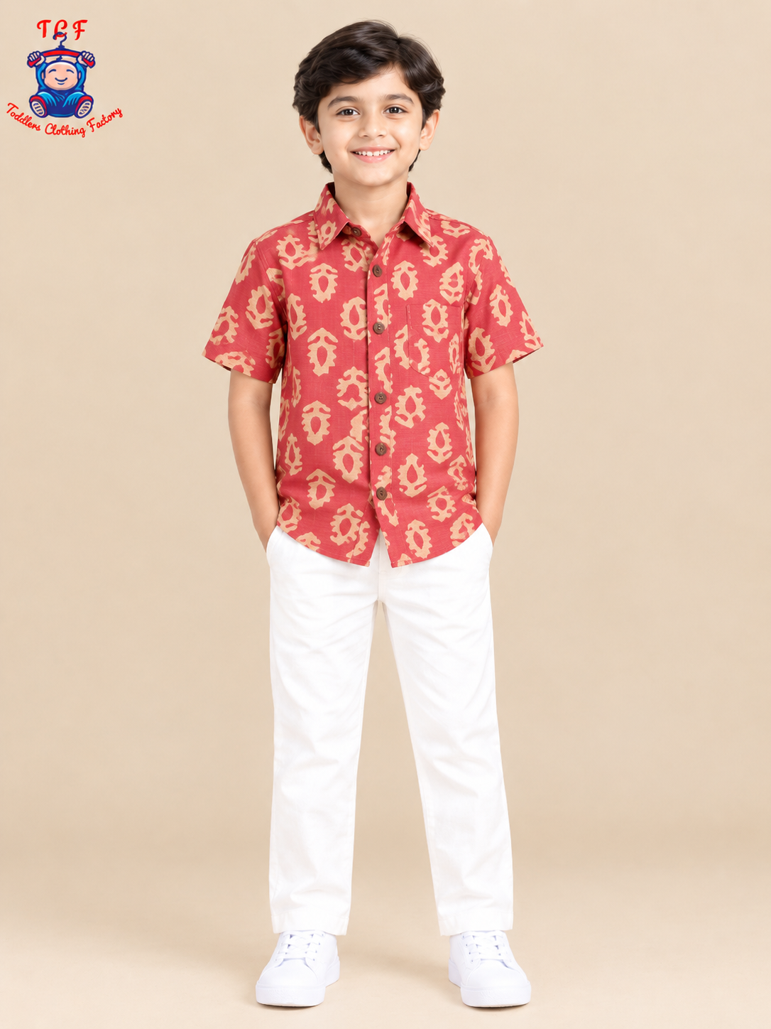 Red & Beige - Boys Readymade Bhatik Shirts
