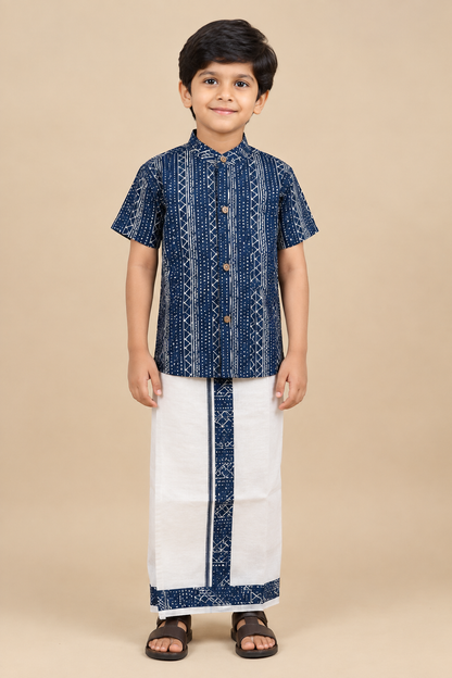 Blue & Cream - Boys Welcro Dhotis & Shirts