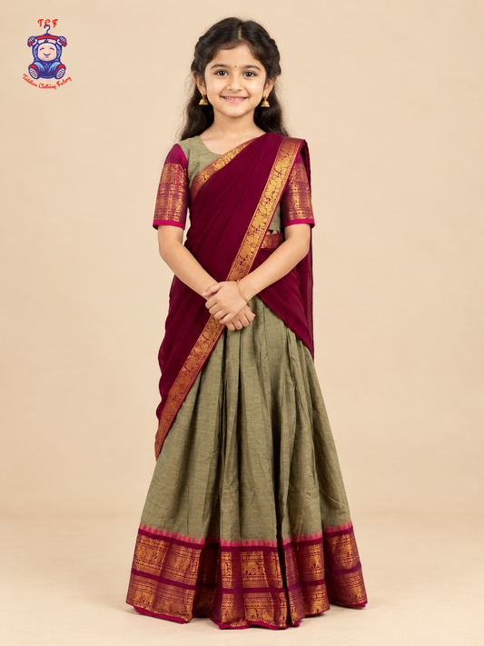 Chettinad Cotton Half Saree - Olive Green & Maroon with Pink Triangle Border