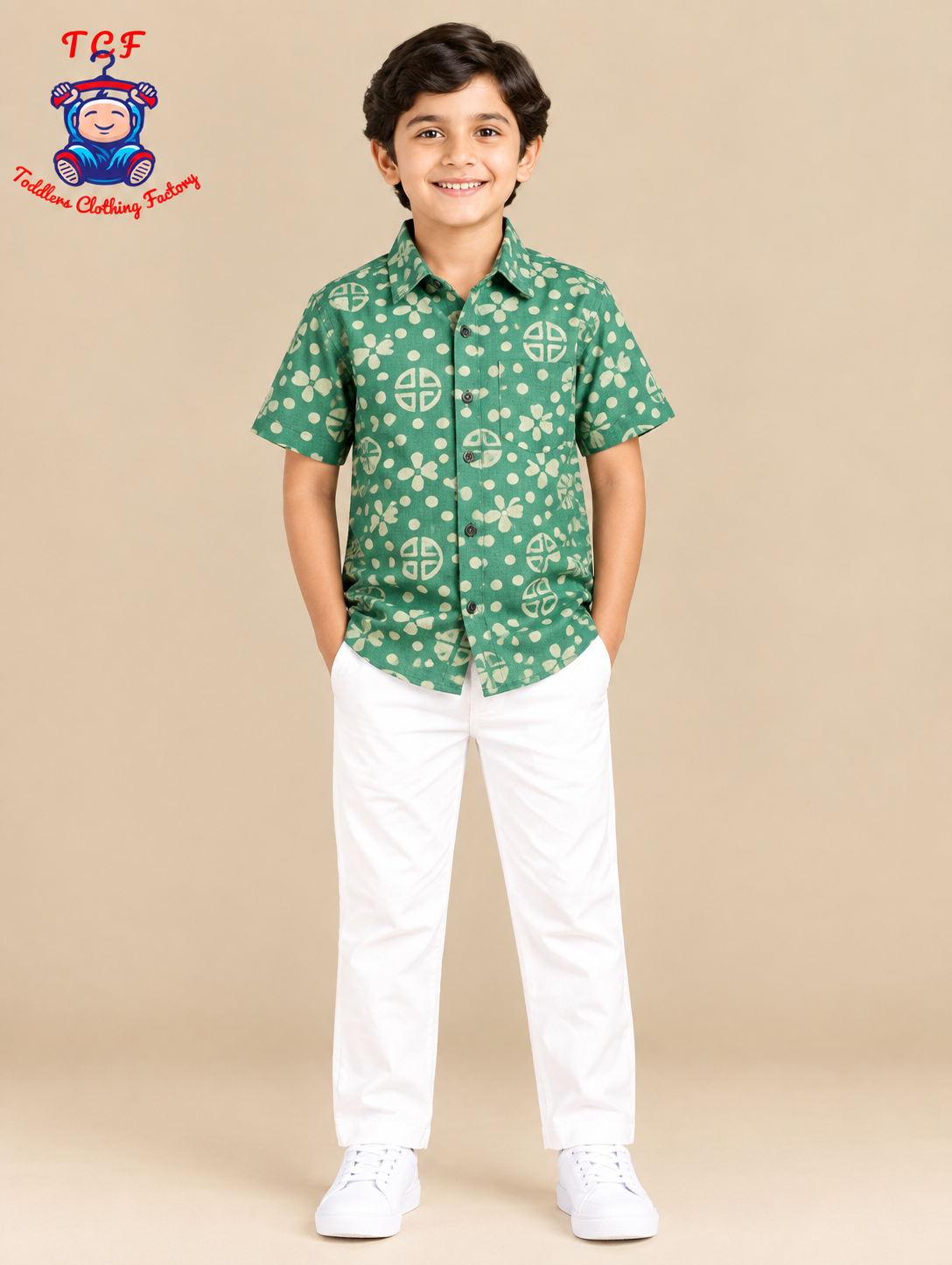 Green & Beige - Boys Readymade Bhatik Shirts