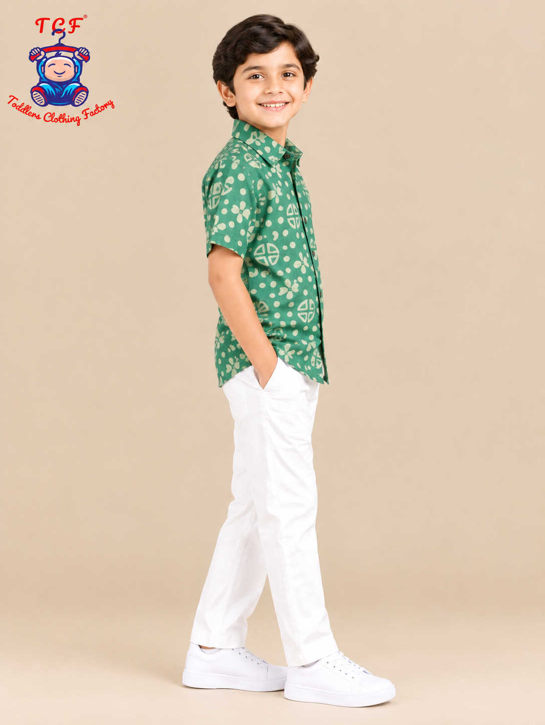 Green & Beige - Boys Readymade Bhatik Shirts