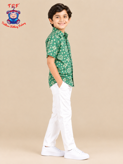 Green & Beige - Boys Readymade Bhatik Shirts