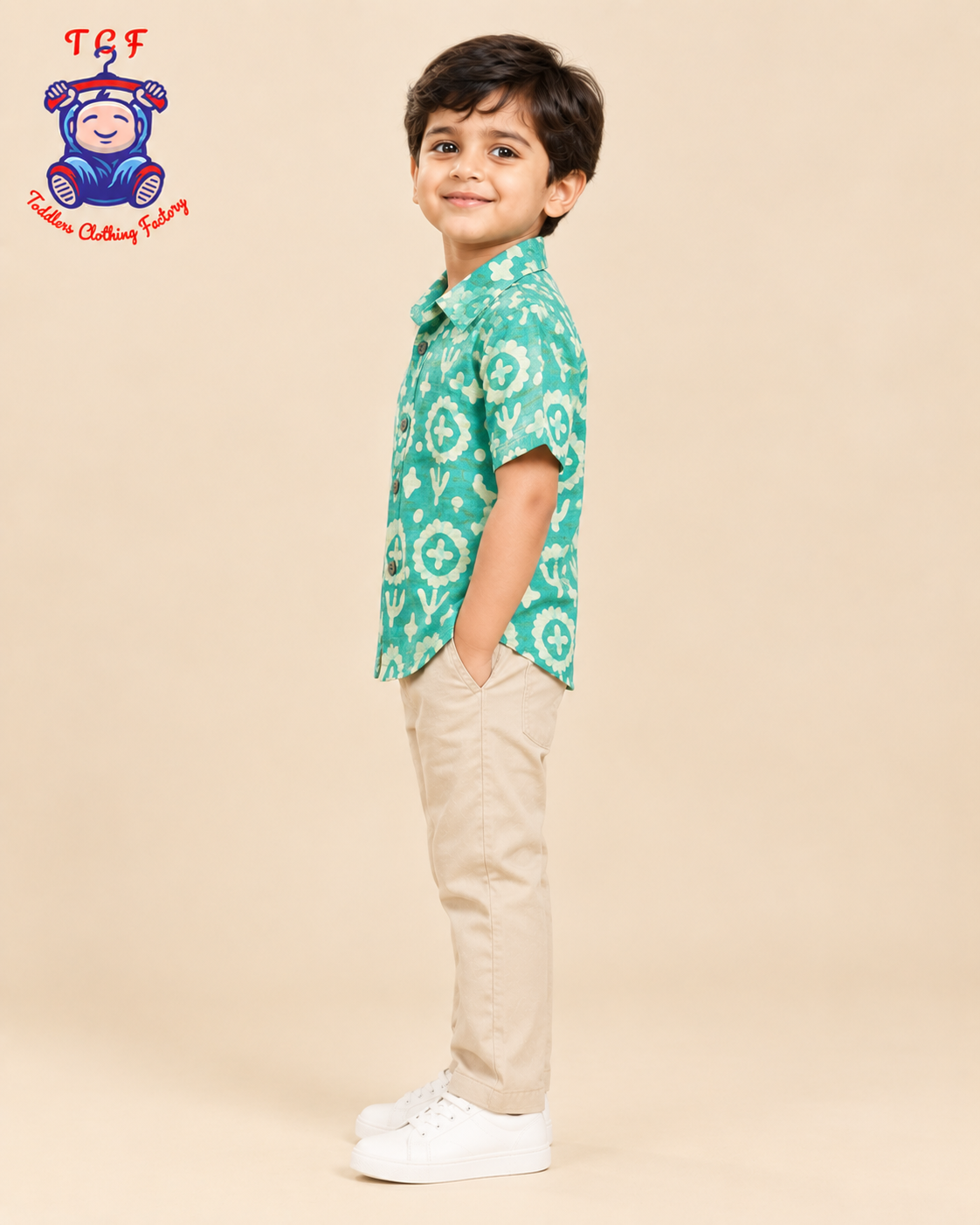 Green & Beige - Boys Readymade Bhatik Shirts