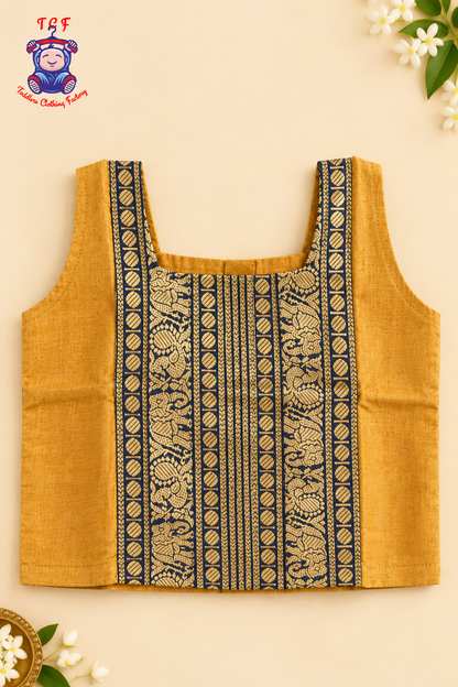 Mustard & Black Border With Gold Zari - Girls Chettinad Pavadai Sattai