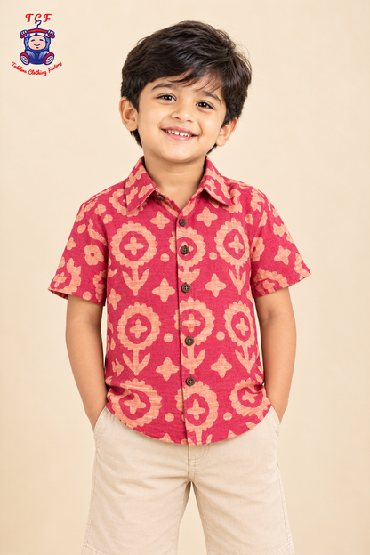 Red & Beige - Boys Readymade Bhatik Shirts