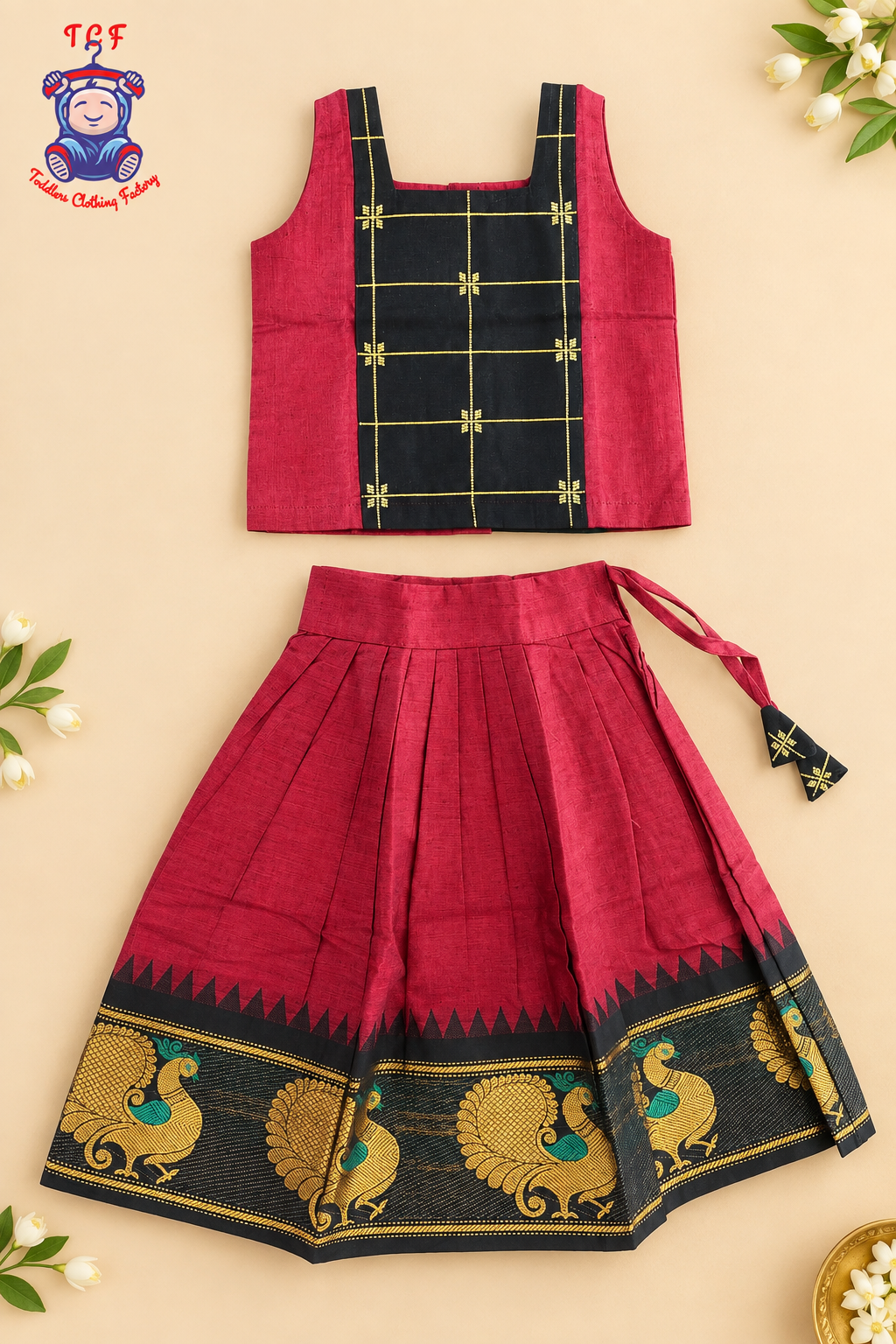 Maroon & Black Border With Gold Zari - Girls Chettinad Pavadai Sattai