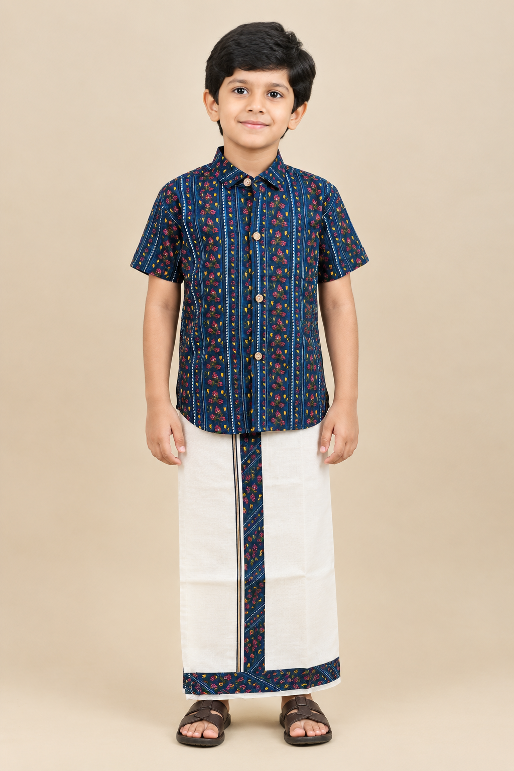 Blue & Cream - Boys Welcro Dhotis & Shirts