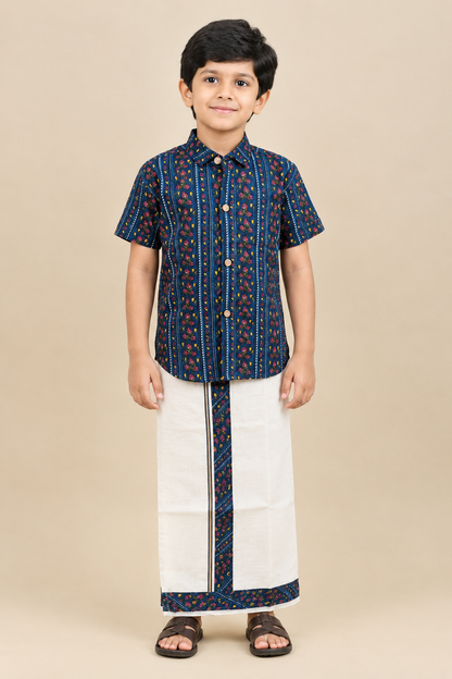 Blue & Cream - Boys Welcro Dhotis & Shirts
