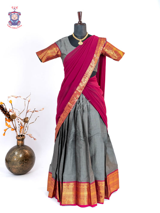 Grey & Wine - Chettinad Cotton Readymade Half Saree