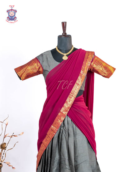 Grey & Wine - Chettinad Cotton Readymade Half Saree