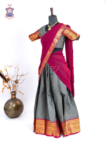 Grey & Wine - Chettinad Cotton Readymade Half Saree
