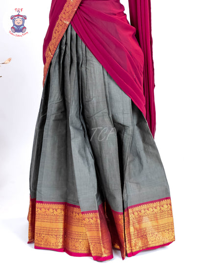 Grey & Wine - Chettinad Cotton Readymade Half Saree
