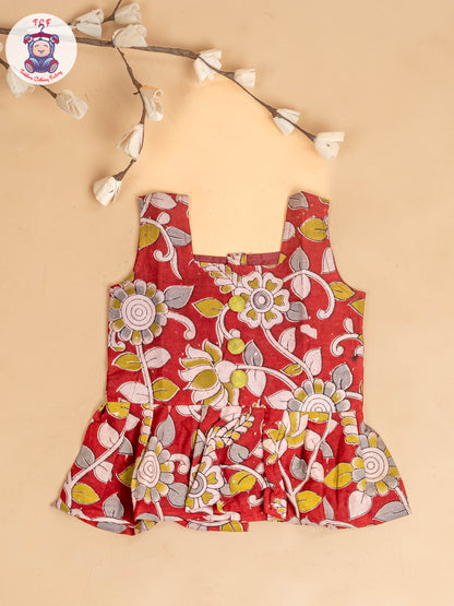 Red - Girls Readymade Floral Printed Kalamakari Sets