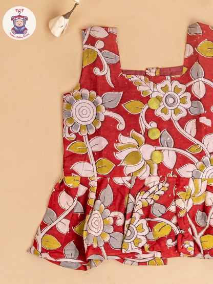 Red - Girls Readymade Floral Printed Kalamakari Sets