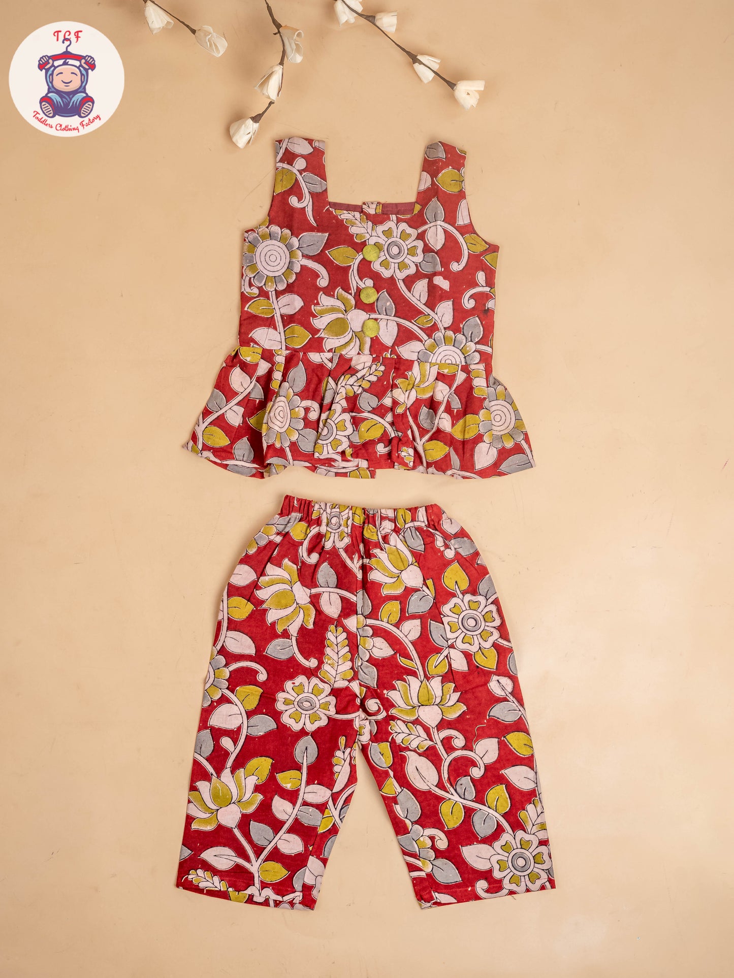 Red - Girls Readymade Floral Printed Kalamakari Sets