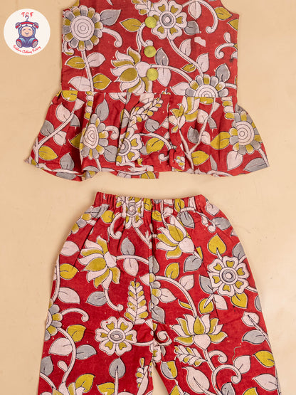 Red - Girls Readymade Floral Printed Kalamakari Sets