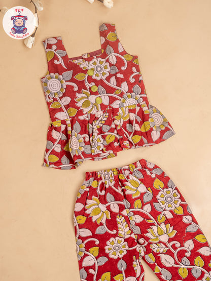 Red - Girls Readymade Floral Printed Kalamakari Sets