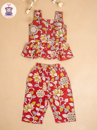 Red - Girls Readymade Floral Printed Kalamakari Sets