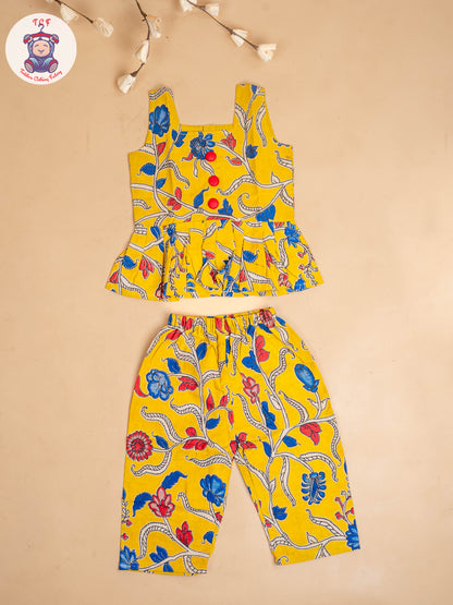 Yellow - Girls Readymade Floral Printed Kalamakari Sets
