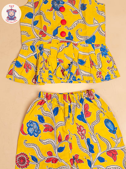 Yellow - Girls Readymade Floral Printed Kalamakari Sets