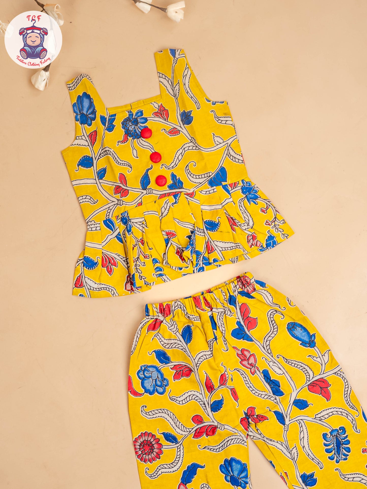 Yellow - Girls Readymade Floral Printed Kalamakari Sets