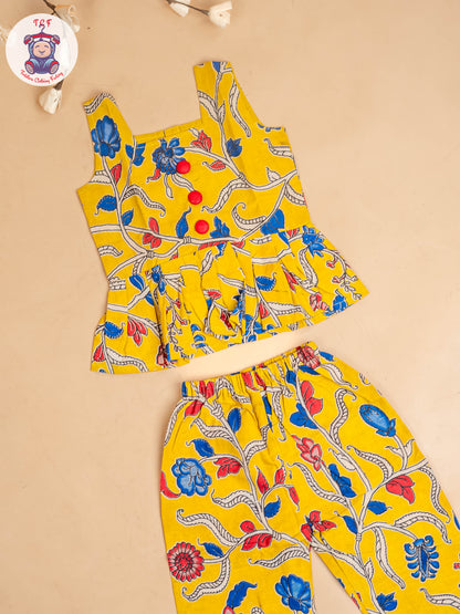 Yellow - Girls Readymade Floral Printed Kalamakari Sets