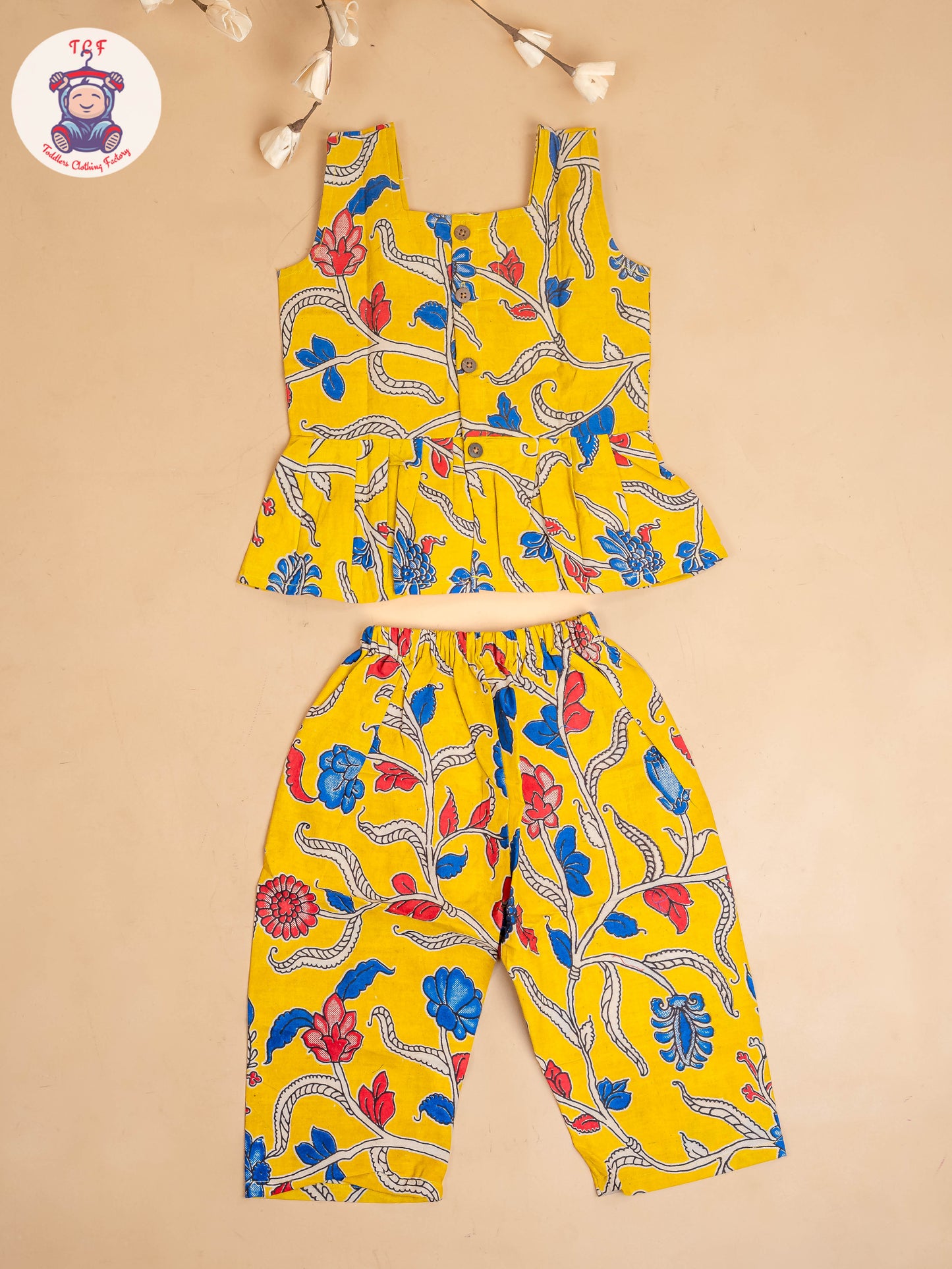 Yellow - Girls Readymade Floral Printed Kalamakari Sets