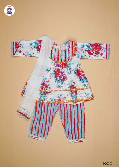 Scarlet Red & White - Floral Printed Umbrella Kurti Set with Dupatta