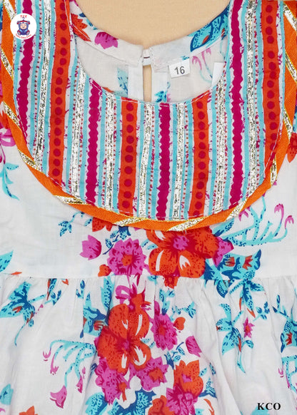 Scarlet Red & White - Floral Printed Umbrella Kurti Set with Dupatta