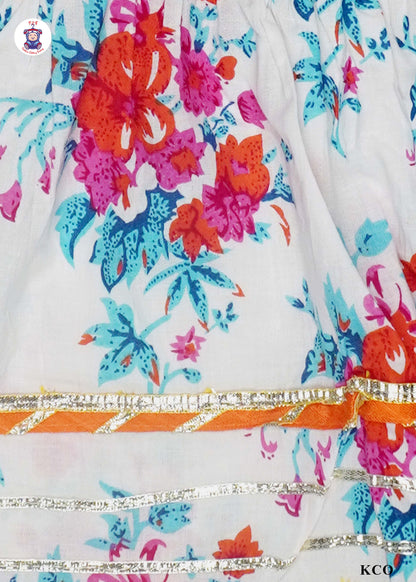 Scarlet Red & White - Floral Printed Umbrella Kurti Set with Dupatta