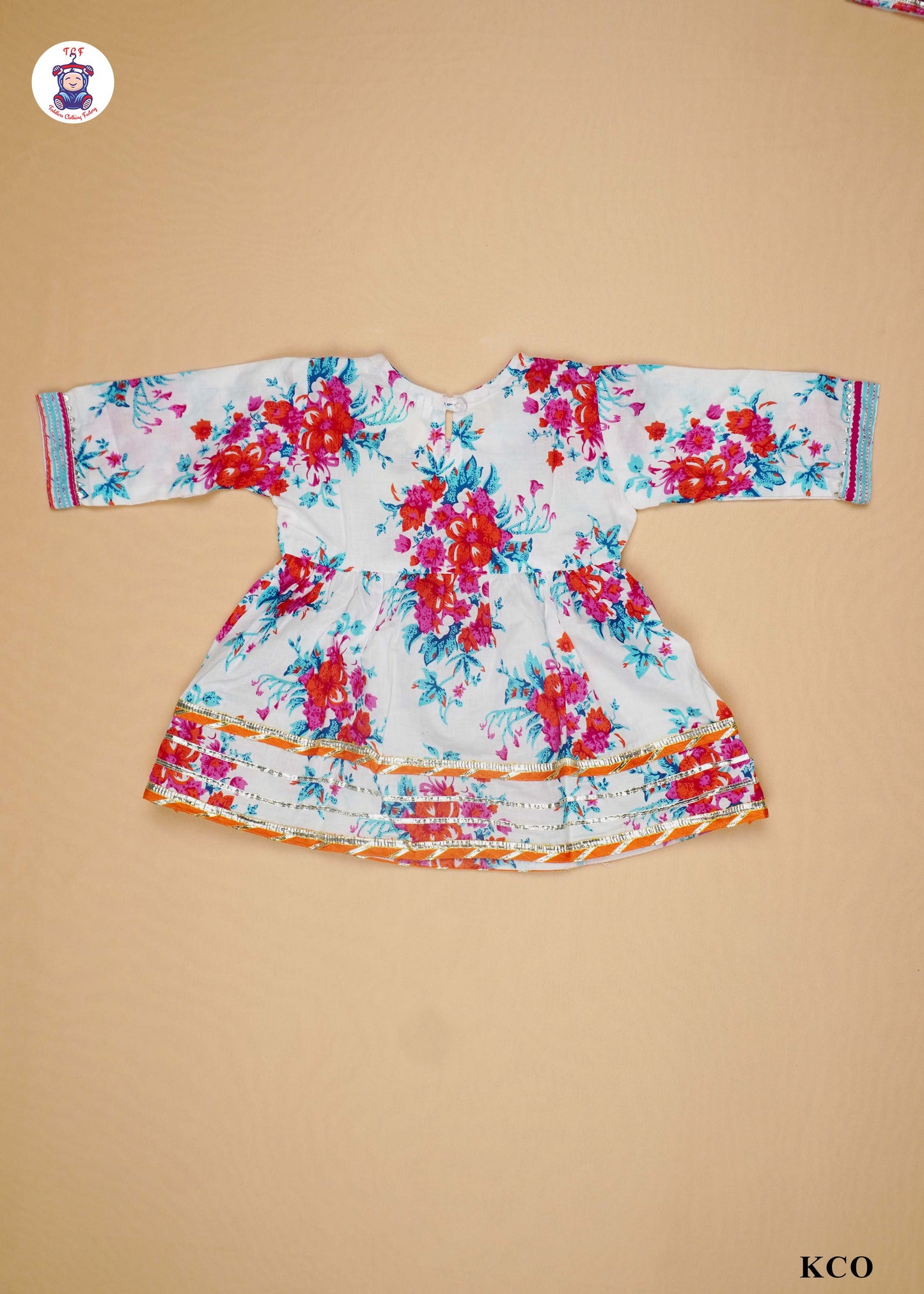 Scarlet Red & White - Floral Printed Umbrella Kurti Set with Dupatta